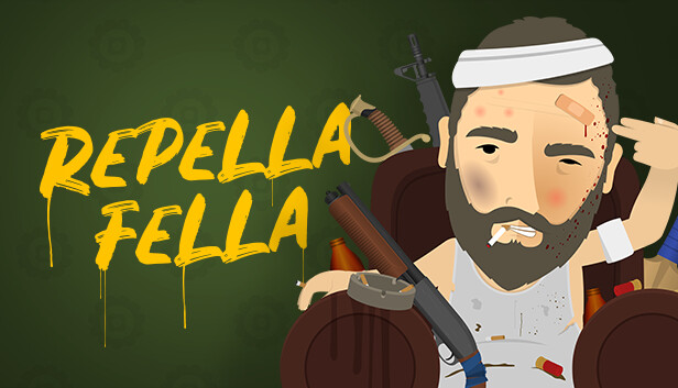 Repella Fella Key Art cartoon style man with bandaged head covered in dirt blood and grazes holding a gun sitting on a couch