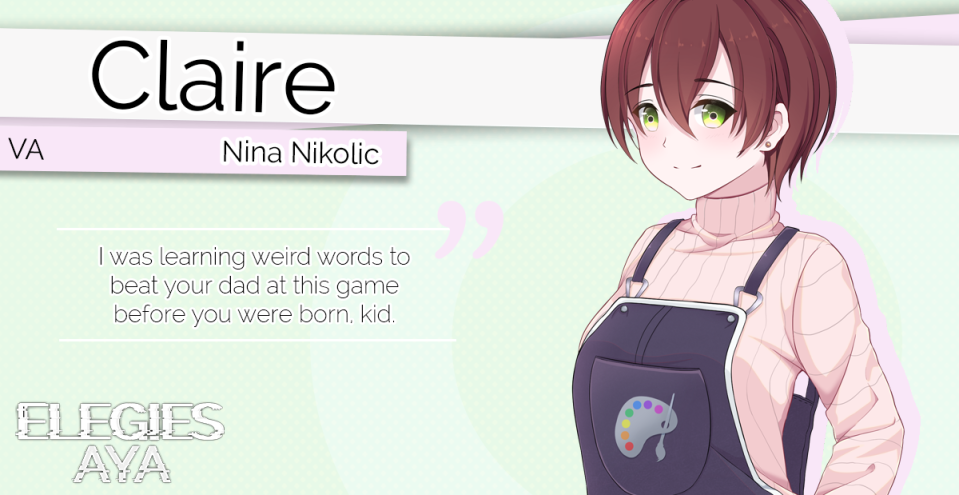 Cute anime character with short brown hair and dungarees with a pink sweater. Her name is Claire, she is voice acted by Nina Nikolic