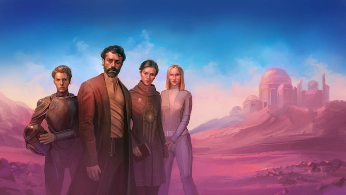Science fiction fantasy landscape, desert background with arid architecture, with three figures in the foreground. Left to Right: Havelion, Chartrulean, Sophrosyne, ad Cythaelia head to Idrica. Art by Joel Chaim Holtzman