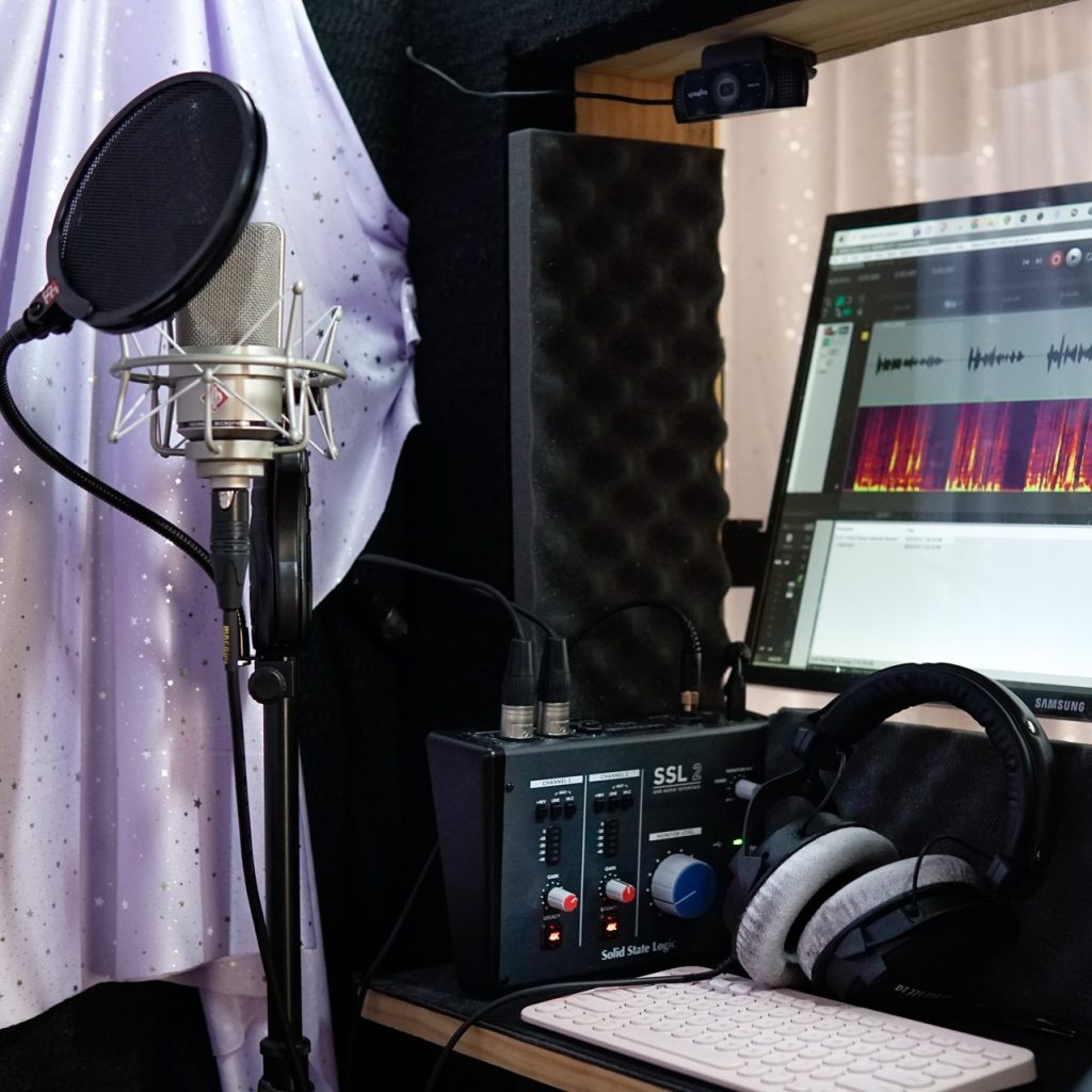 Professional voice over services. Nina's remote voiceover recording studio in Melbourne Australia includes Neumann TLM 103 microphone with pop filter Solid State Logic SSL 2 Interface Beyerdynamic Headphones Reaper DAW Source Connect Session Link PRO Cabled Fiber Internet Live Directed Sessions Monitor available for Video Dubbing