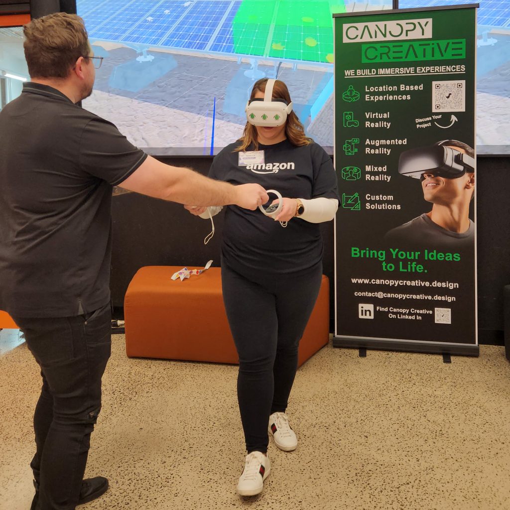 Woman experiences VR from Canopy Creative. Solar Panel Maintenence Simulation training