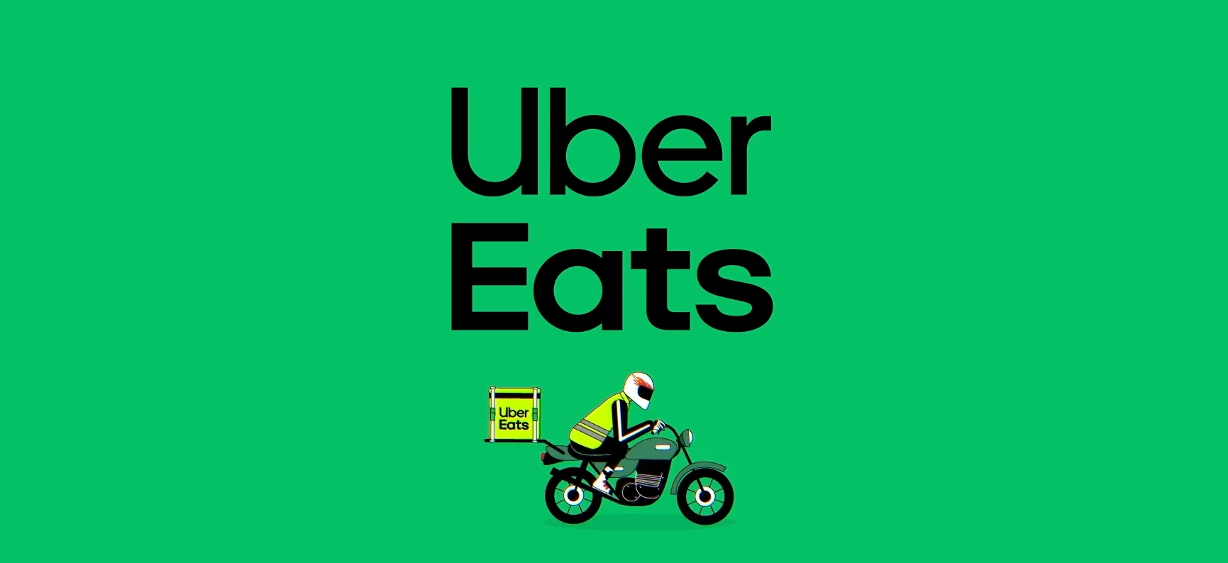 Uber Eats branding on green with a cartoon motorcycle courier - visual for australian safety video narration about delivery rider safety.