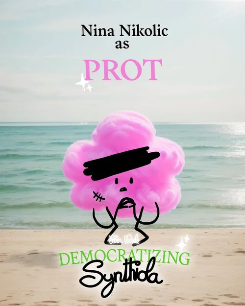 Democratizing Synthiola animated short film poster featuring Prot, voiced by Nina Nikolic - pink fluffy character on beach background for experimental animation project