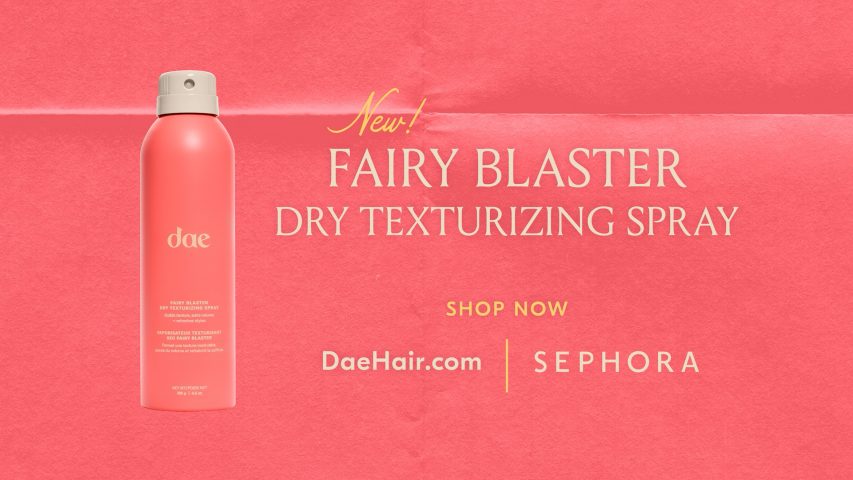 Pink “dae” Fairy Blaster Dry Texturizing Spray can on a textured pink background with the text “New! Fairy Blaster Dry Texturizing Spray” and “Shop now – DaeHair.com | Sephora.”