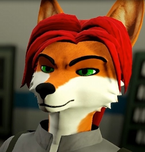 Headshot of Dunwell, an anthropomorphic fox with orange and white fur, green eyes and short red hair. ARTSEC Dunwell character headshot showing an orange and white fox with green eyes and short red hair.