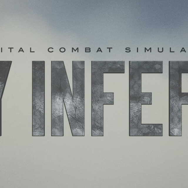 Title artwork for the DCS World short film Sky Inferno, with large, dark textured lettering on a pale grey background.