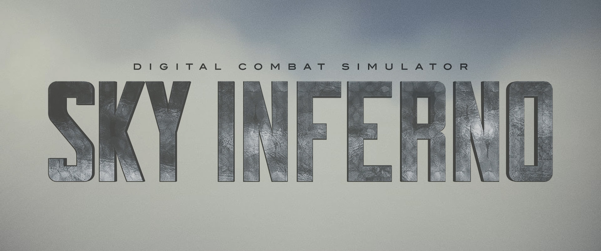 Title artwork for the DCS World short film Sky Inferno, with large, dark textured lettering on a pale grey background.