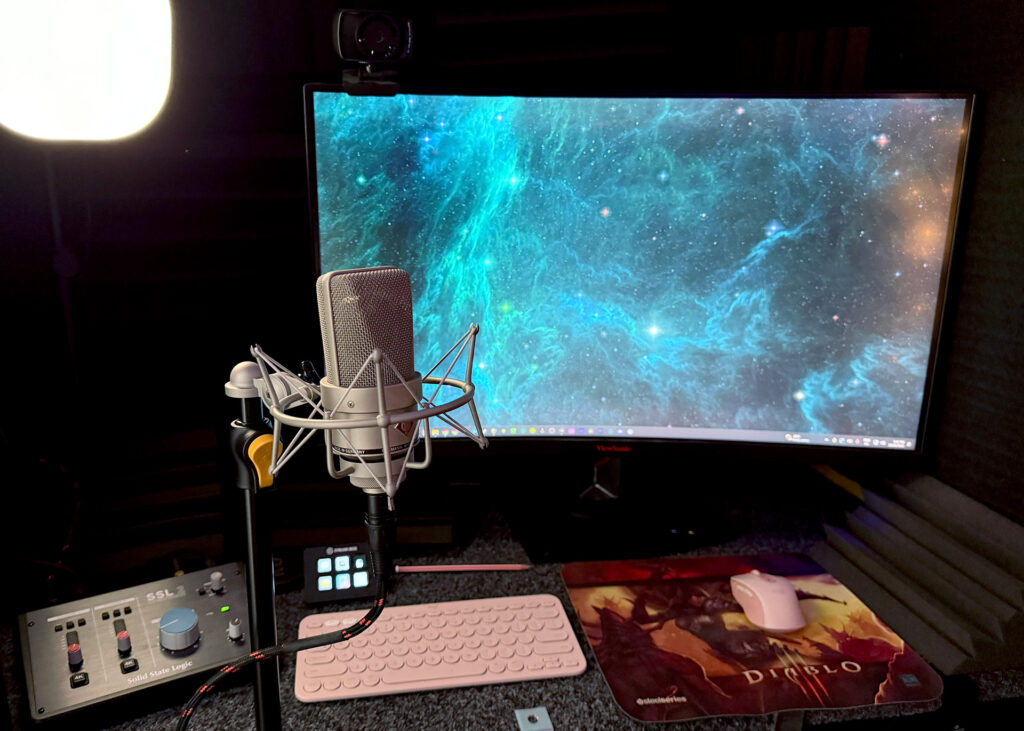 Nina's remote voiceover recording studio in Sydney Australia includes an Neumann TLM103 microphone with Solid State Logic SSL 2 Interface Beyerdynamic Headphones Reaper DAW Source Connect Session Link PRO Cabled Fiber Internet Live Directed Sessions Monitor available for Video Dubbing